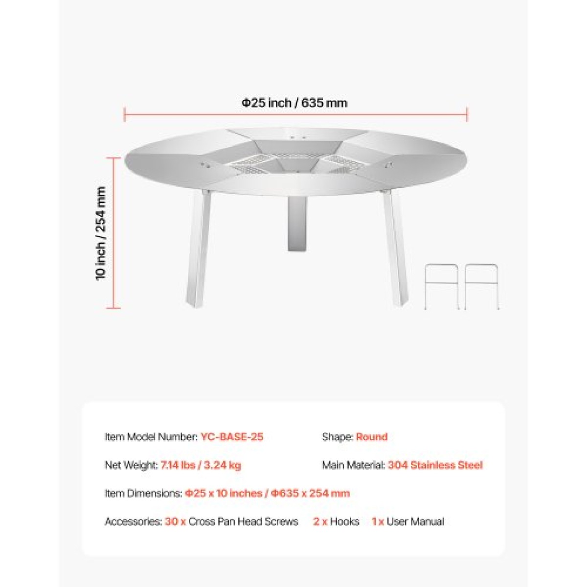 VEVOR Fire Pit Heat Delector for Solo Solo Yukon, 635 mm Bonfire Round for Wood Burning Fire Pit, 304 Ανοξείδωτος διαχύτης θερμότητας, Αποσπώμενο κάλυμμα καυστήρα Αξεσουάρ κάμπινγκ