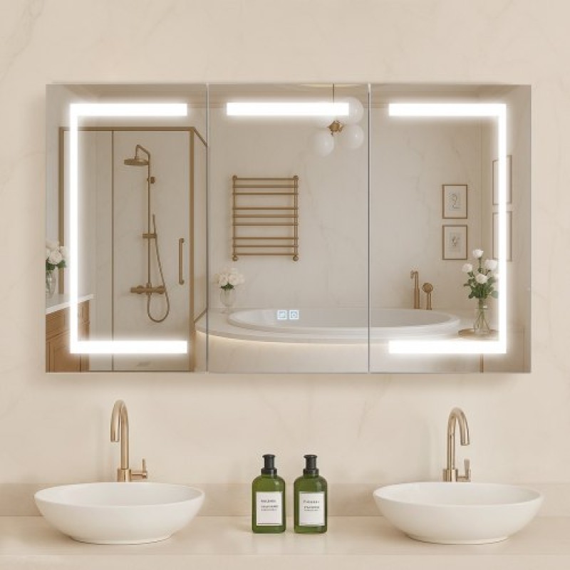 Ντουλάπι φαρμάκου VEVOR Lighted Medicine με καθρέφτη, 100 x 60 cm Επιτοίχιο, 3 Color Dimmable LED Medicine ντουλάπι με σκληρυμένο γυαλί καθρέφτη, λειτουργία μνήμης/2 ρυθμιζόμενα ράφια/πρίζες & USB