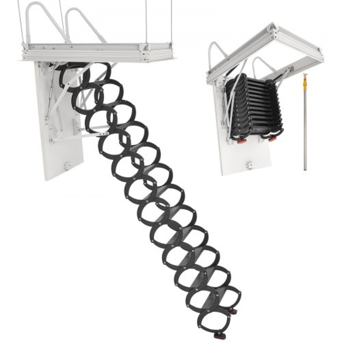 VEVOR Attic Ladder, χωρητικότητα 660LBS/299,4KG, Ταιριάζει σε ύψος οροφής 9,5 έως 10,2 πόδια και μέγεθος ανοίγματος 39,4 x 27,5 ίντσες, αναδιπλούμενη αναδιπλούμενη σκάλα οροφής από κράμα χάλυβα με ράβδο έλξης για οροφή σοφίτας