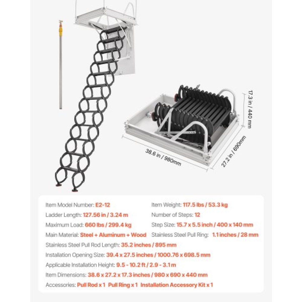 VEVOR Attic Ladder, χωρητικότητα 660LBS/299,4KG, Ταιριάζει σε ύψος οροφής 9,5 έως 10,2 πόδια και μέγεθος ανοίγματος 39,4 x 27,5 ίντσες, αναδιπλούμενη αναδιπλούμενη σκάλα οροφής από κράμα χάλυβα με ράβδο έλξης για οροφή σοφίτας