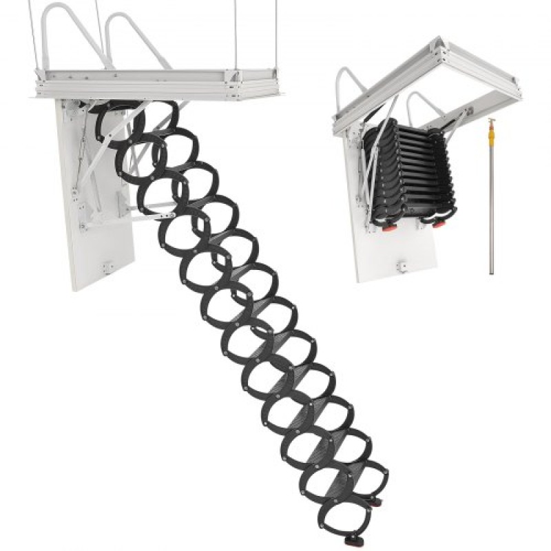 VEVOR Attic Ladder, χωρητικότητα 660LBS/299,4KG, Ταιριάζει σε ύψος οροφής 9,5 έως 10,2 πόδια και μέγεθος ανοίγματος 39,4 x 27,5 ίντσες, αναδιπλούμενη αναδιπλούμενη σκάλα οροφής από κράμα χάλυβα με ράβδο έλξης για οροφή σοφίτας