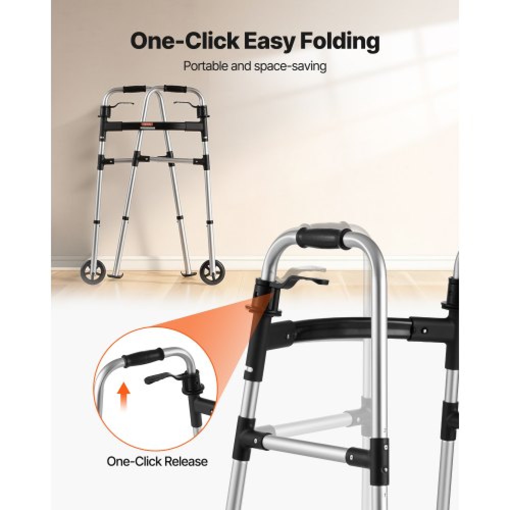 VEVOR Folding Walker, 2-Button Foldable Walker with Solid Wheels & 8-Level Adjustable Height, 159KG Loading Lightweight Aluminum Mobility Walking Aid, Front-Wheeled Rolling Walkers for Seniors Adults