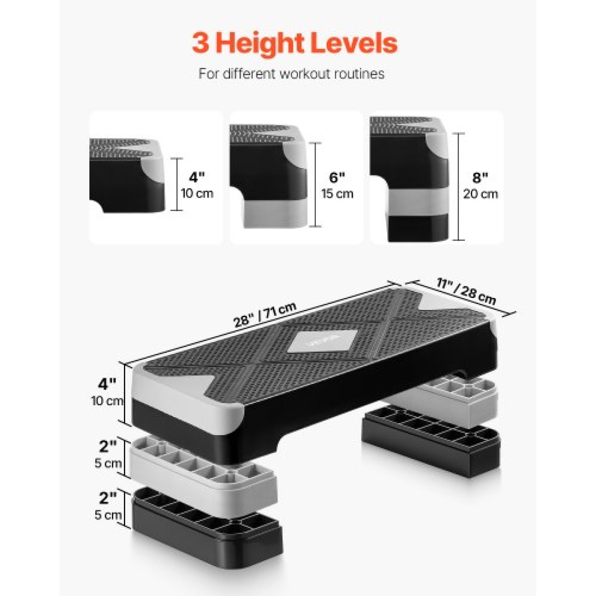VEVOR Aerobic Step Platform, Aerobic Stepper προπόνησης 28 ιντσών, ρυθμιζόμενο ύψος προπόνησης γυμναστικής Step Deck Trainer με 4 ανυψωτικά, Αντιολισθητικός πάγκος επιφάνειας για Home Gym Cardio Strength, Γκρι