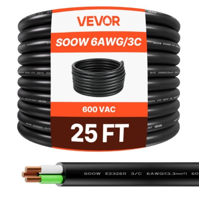 VEVOR 25 FT (7,62 m) 6AWG (16 mm²) Καλώδιο επέκτασης ηλεκτρικού ρεύματος Premium Χάλκινο καλώδιο