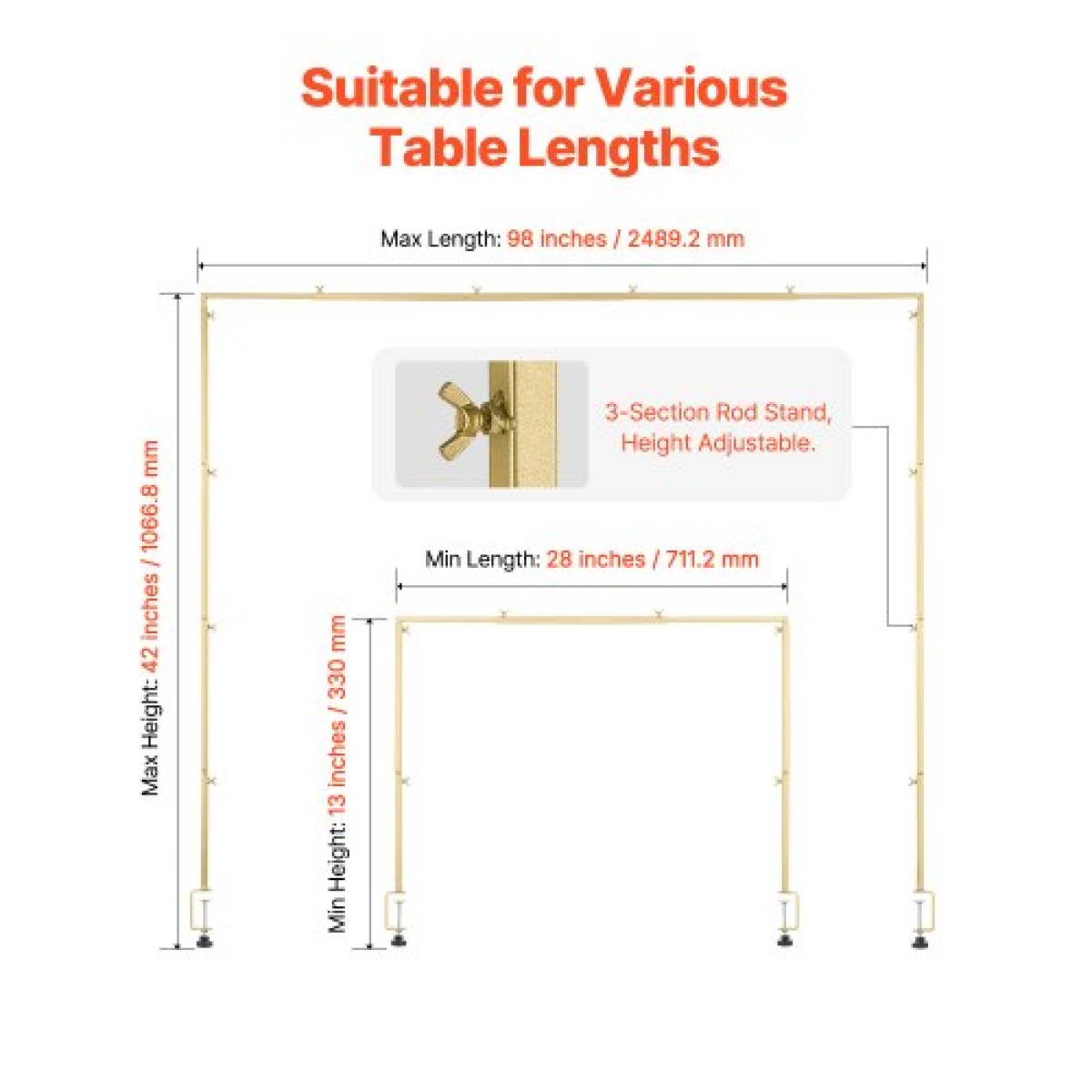VEVOR Over The Table Rod Stand με σφιγκτήρες, 13"-42" ψηλό & 28"-98" μήκος ρυθμιζόμενο, 2 πακέτα επιτραπέζια βάση καμάρας, επιτραπέζια καμάρα σκελετό με μπαλόνι για χριστουγεννιάτικα στολίδια πάρτι γενεθλίων γάμου, χρυσό