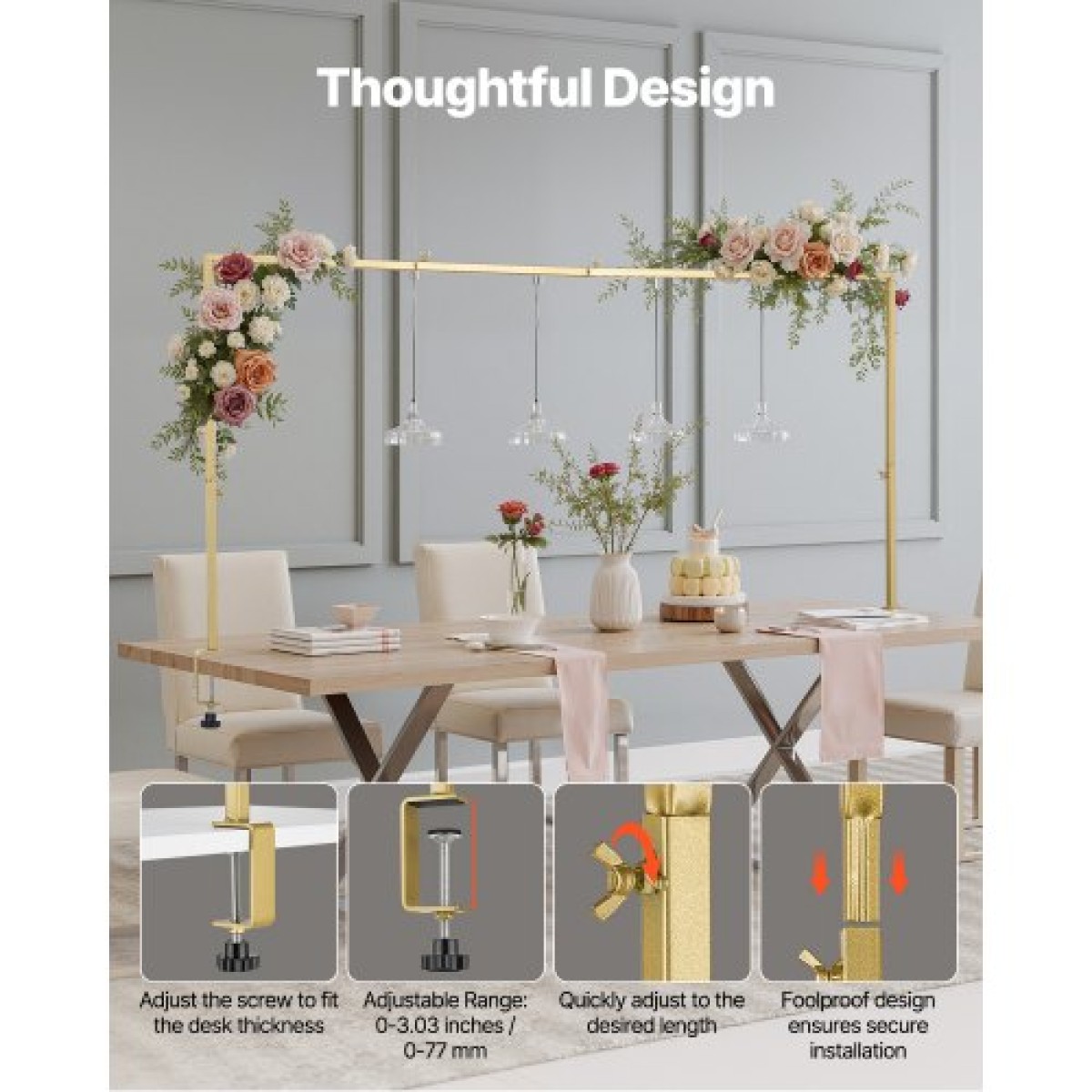 VEVOR Over The Table Rod Stand με σφιγκτήρες, 13"-42" ψηλό & 28"-98" μήκος ρυθμιζόμενο, 2 πακέτα επιτραπέζια βάση καμάρας, επιτραπέζια καμάρα σκελετό με μπαλόνι για χριστουγεννιάτικα στολίδια πάρτι γενεθλίων γάμου, χρυσό