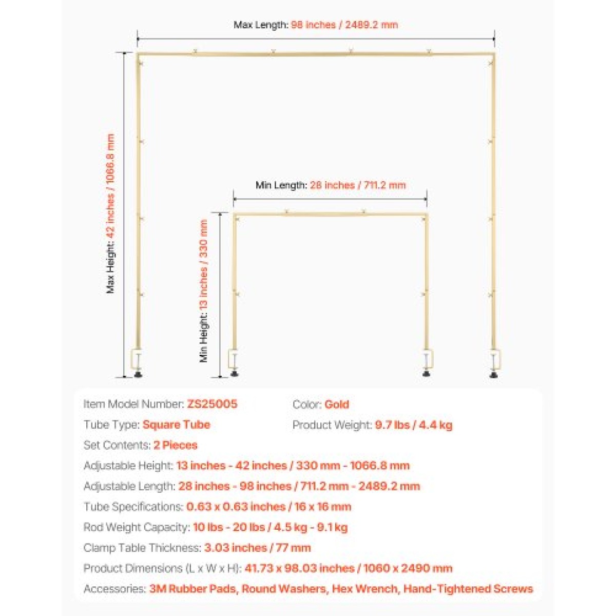 VEVOR Over The Table Rod Stand με σφιγκτήρες, 13"-42" ψηλό & 28"-98" μήκος ρυθμιζόμενο, 2 πακέτα επιτραπέζια βάση καμάρας, επιτραπέζια καμάρα σκελετό με μπαλόνι για χριστουγεννιάτικα στολίδια πάρτι γενεθλίων γάμου, χρυσό