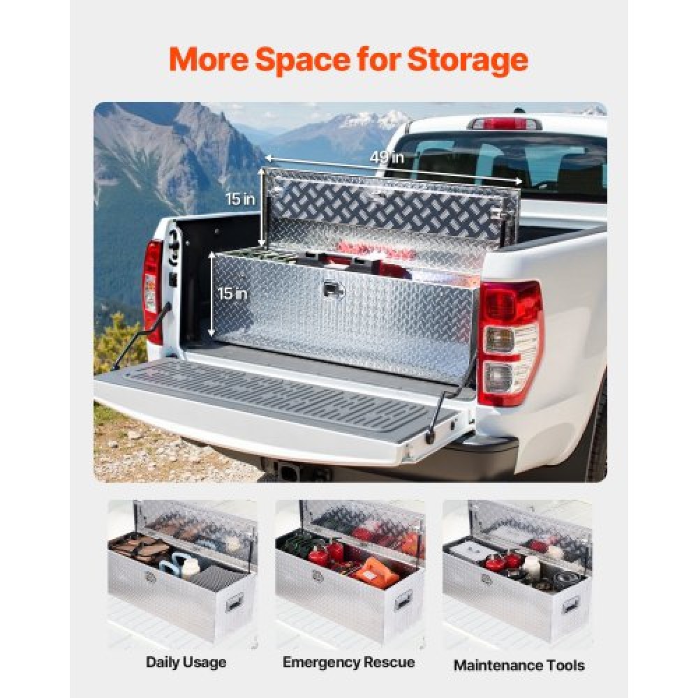 VEVOR 49"x15"x15" Heavy Duty Aluminum Truck Bed Tool Box for Pickup RV Silver