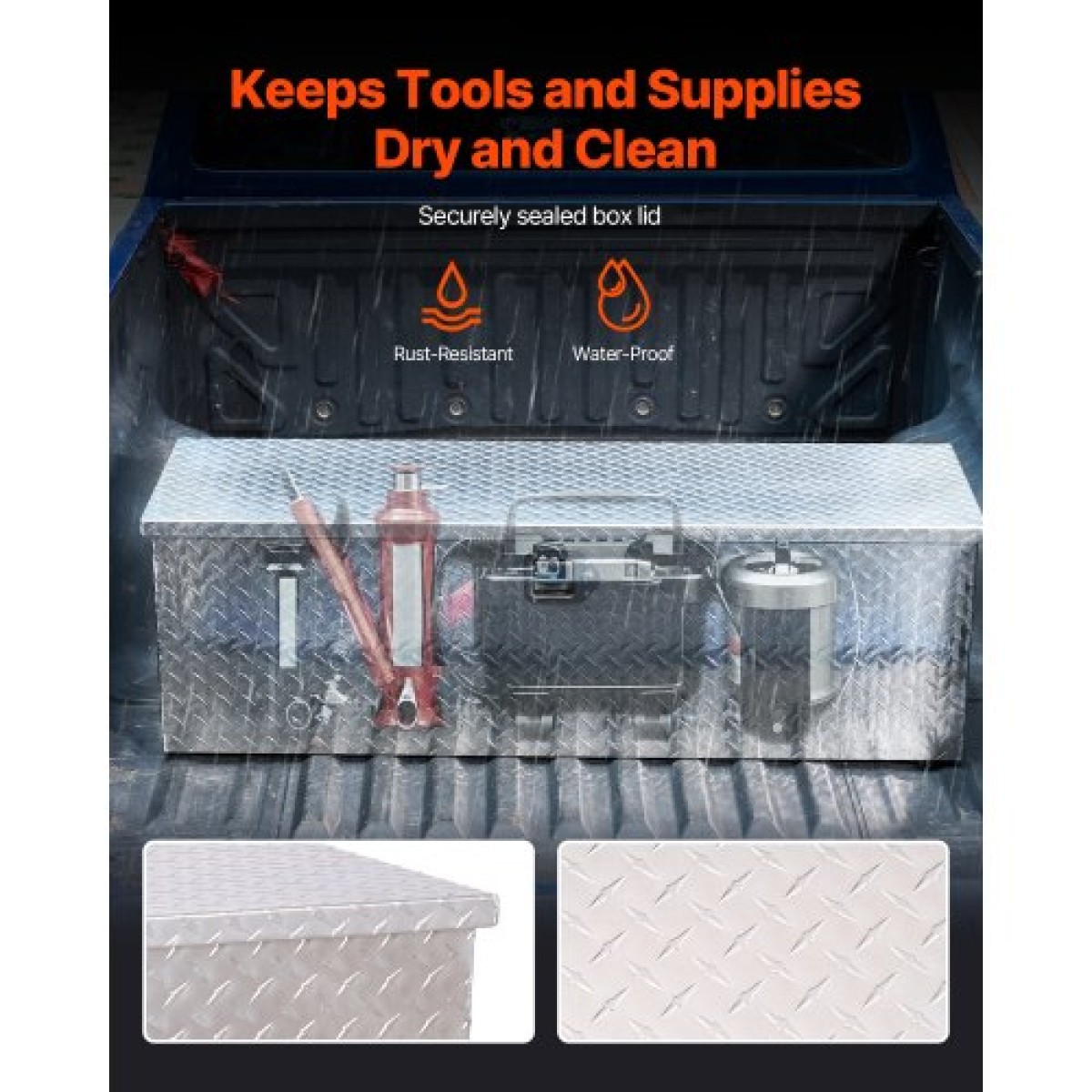 Κουτί εργαλείων κρεβατιού φορτηγού VEVOR Heavy Duty, Εργαλειοθήκη Diamond Plate με Πλαϊνή λαβή και κλειδαριά κλειδαριάς, Εργαλειοθήκη αποθήκευσης Θήκη για τρέιλερ, Pickup, RV, 49"x15"x15"(1244,6x381x381mm), Ασημί