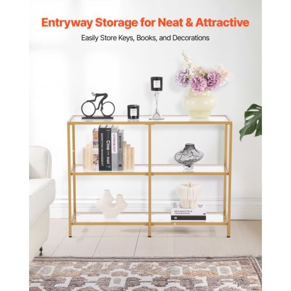 VEVOR 3-Tier Glass Console Table Rectangle Sofa Side Table with Anti-Tip Golden