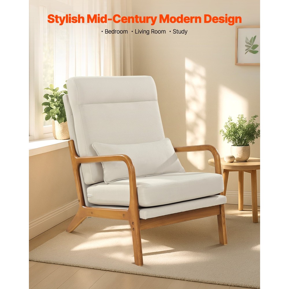 Καρέκλα VEVOR Accent, High Back Mid Century Modern πολυθρόνα με σκελετό από μασίφ ξύλο και αντιολισθητικά πόδια, επενδυμένες καρέκλες αναψυχής με λινό ύφασμα και παχύ μαξιλάρι 13,5 cm, για σαλόνι, υπνοδωμάτιο