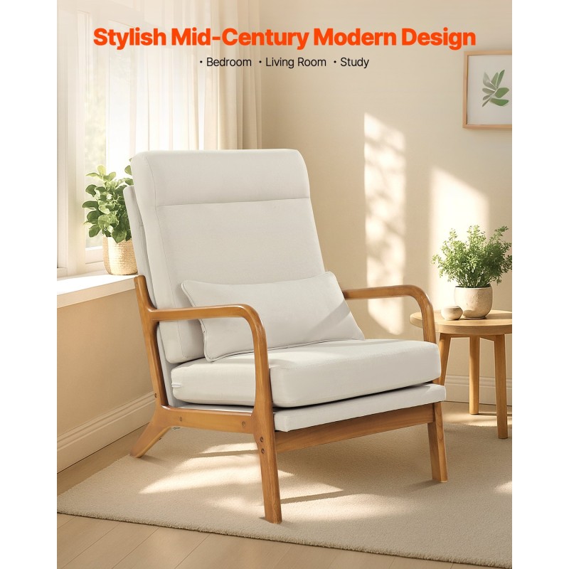 Καρέκλα VEVOR Accent, High Back Mid Century Modern πολυθρόνα με σκελετό από μασίφ ξύλο και αντιολισθητικά πόδια, επενδυμένες καρέκλες αναψυχής με λινό ύφασμα και παχύ μαξιλάρι 13,5 cm, για σαλόνι, υπνοδωμάτιο