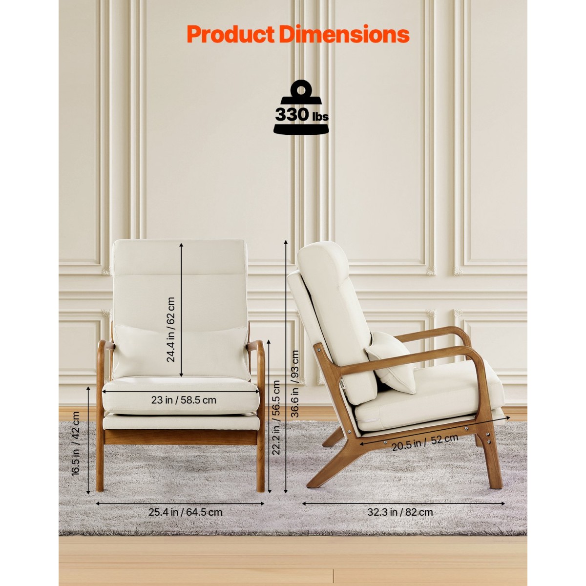 Καρέκλα VEVOR Accent, High Back Mid Century Modern πολυθρόνα με σκελετό από μασίφ ξύλο και αντιολισθητικά πόδια, επενδυμένες καρέκλες αναψυχής με λινό ύφασμα και παχύ μαξιλάρι 13,5 cm, για σαλόνι, υπνοδωμάτιο