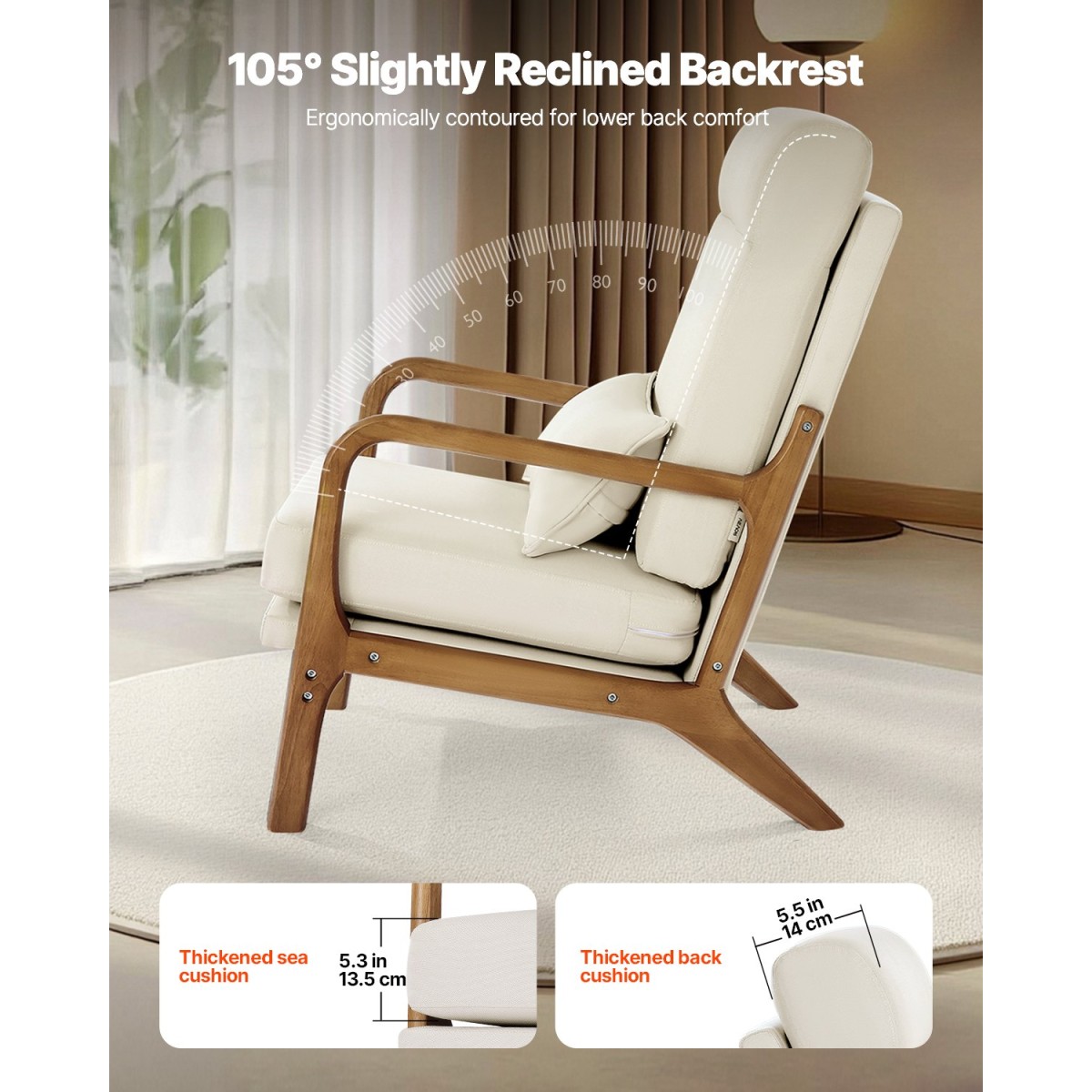 Καρέκλα VEVOR Accent, High Back Mid Century Modern πολυθρόνα με σκελετό από μασίφ ξύλο και αντιολισθητικά πόδια, επενδυμένες καρέκλες αναψυχής με λινό ύφασμα και παχύ μαξιλάρι 13,5 cm, για σαλόνι, υπνοδωμάτιο