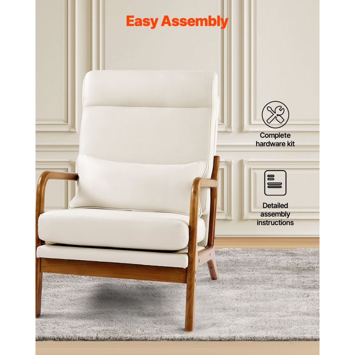 Καρέκλα VEVOR Accent, High Back Mid Century Modern πολυθρόνα με σκελετό από μασίφ ξύλο και αντιολισθητικά πόδια, επενδυμένες καρέκλες αναψυχής με λινό ύφασμα και παχύ μαξιλάρι 13,5 cm, για σαλόνι, υπνοδωμάτιο