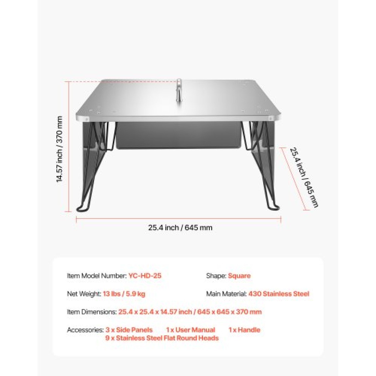Εκτροπέας θερμότητας VEVOR Fire Pit, 645x645x370 mm Τετράγωνο κάλυμμα καυστήρα εξωτερικού χώρου, από ανοξείδωτο ατσάλι Bonfire Camping Wood Burning, Push Heat Down and Out με 4 πτυσσόμενα πόδια και λαβή μεταφοράς