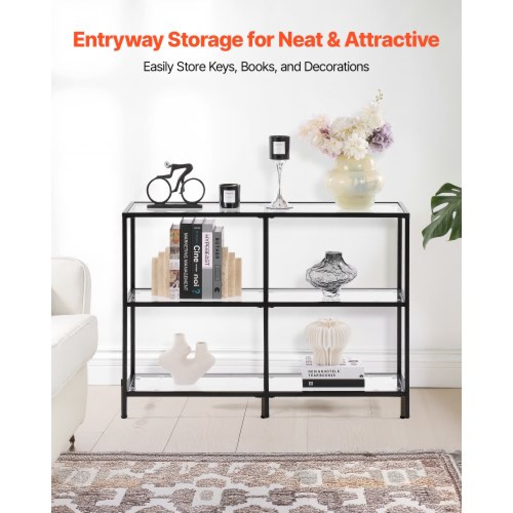 VEVOR 3-Tier Glass Console Table Rectangle Sofa Side Table with Anti-Tip Black