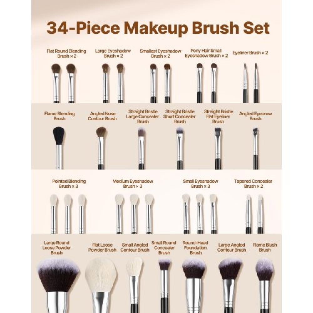VEVOR 34PCS Makeup Brush Set for Foundation Blending Eyeshadow with Soft Bristle