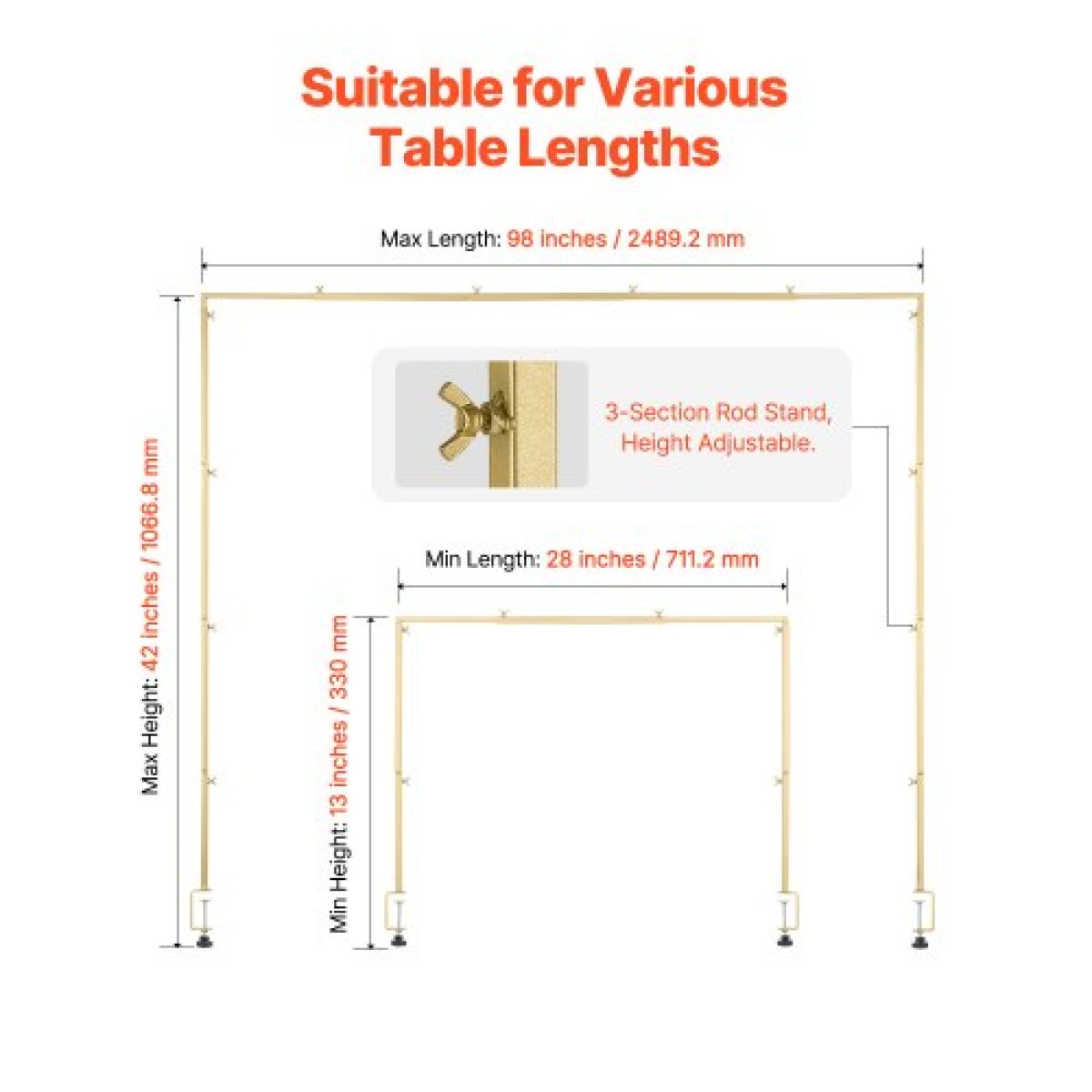 VEVOR Over The Table Rod Stand με σφιγκτήρες, 13"-42" ψηλό & 28"-98" μήκους ρυθμιζόμενο, μεταλλική βάση επιτραπέζιας καμάρας, επιτραπέζιο μπαλόνι καμάρας πλαίσιο για χριστουγεννιάτικα στολίδια πάρτι γενεθλίων γάμου, χρυσό