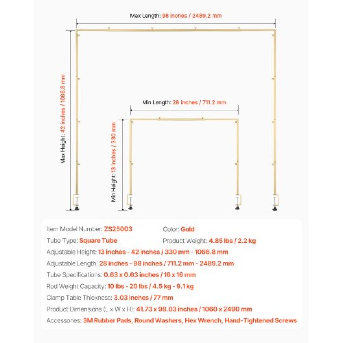 VEVOR Over The Table Rod Stand με σφιγκτήρες, 13"-42" ψηλό & 28"-98" μήκους ρυθμιζόμενο, μεταλλική βάση επιτραπέζιας καμάρας, επιτραπέζιο μπαλόνι καμάρας πλαίσιο για χριστουγεννιάτικα στολίδια πάρτι γενεθλίων γάμου, χρυσό