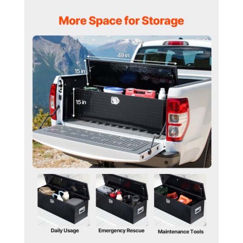 Κιβώτιο εργαλείων κρεβατιού φορτηγού VEVOR Heavy Duty, Εργαλειοθήκη Diamond Plate με Πλαϊνή λαβή και κλειδαριά, Αποθήκευση εργαλειοθήκης για τρέιλερ, Pickup, RV, 49"x15"x15"(1244,6x381x381mm), Μαύρο