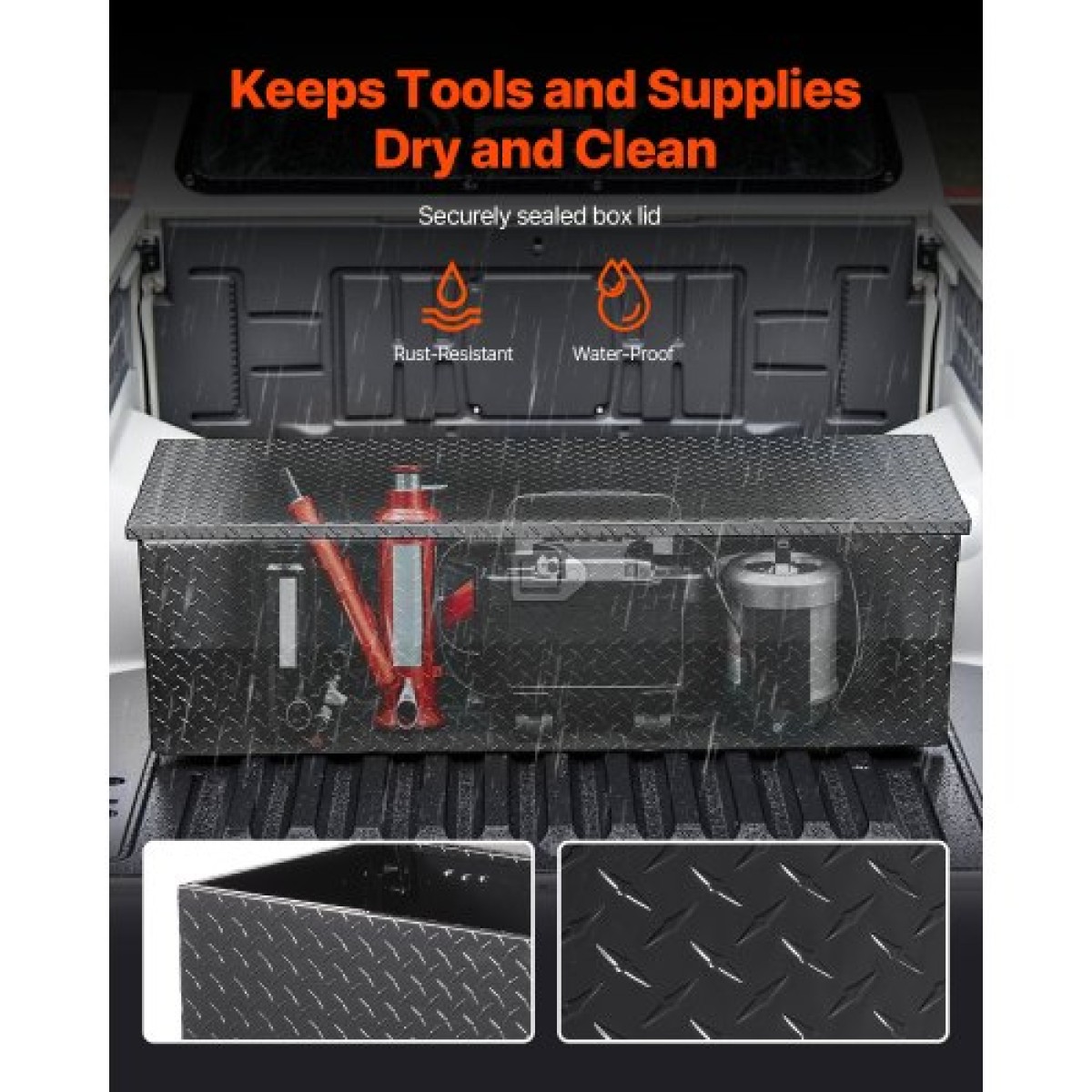 Κιβώτιο εργαλείων κρεβατιού φορτηγού VEVOR Heavy Duty, Εργαλειοθήκη Diamond Plate με Πλαϊνή λαβή και κλειδαριά, Αποθήκευση εργαλειοθήκης για τρέιλερ, Pickup, RV, 49"x15"x15"(1244,6x381x381mm), Μαύρο