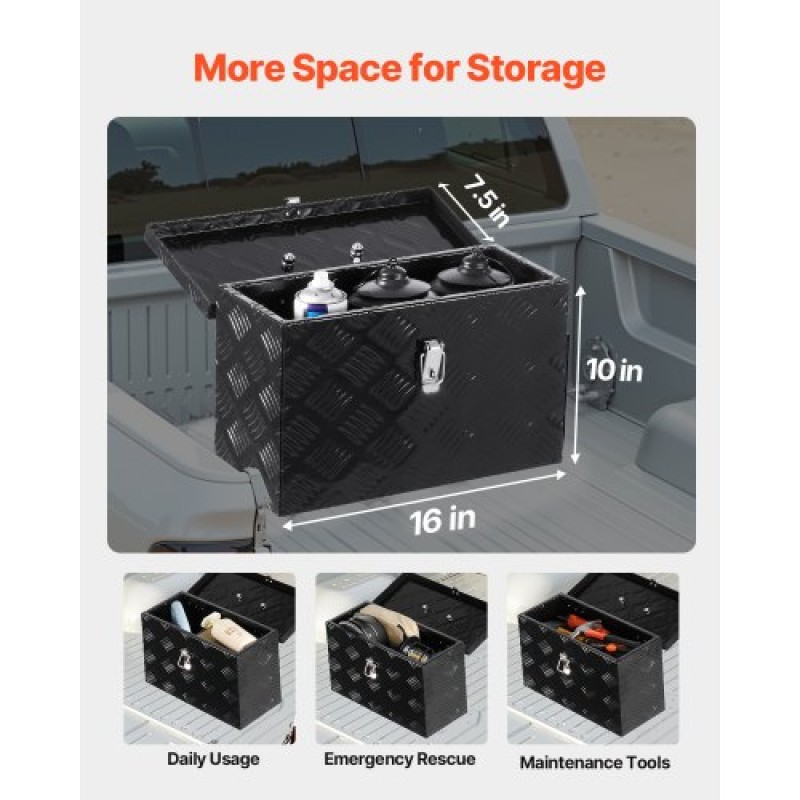 VEVOR 16"x7.5"x10" Heavy Duty Aluminum Truck Bed Tool Box for Pickup RV Black