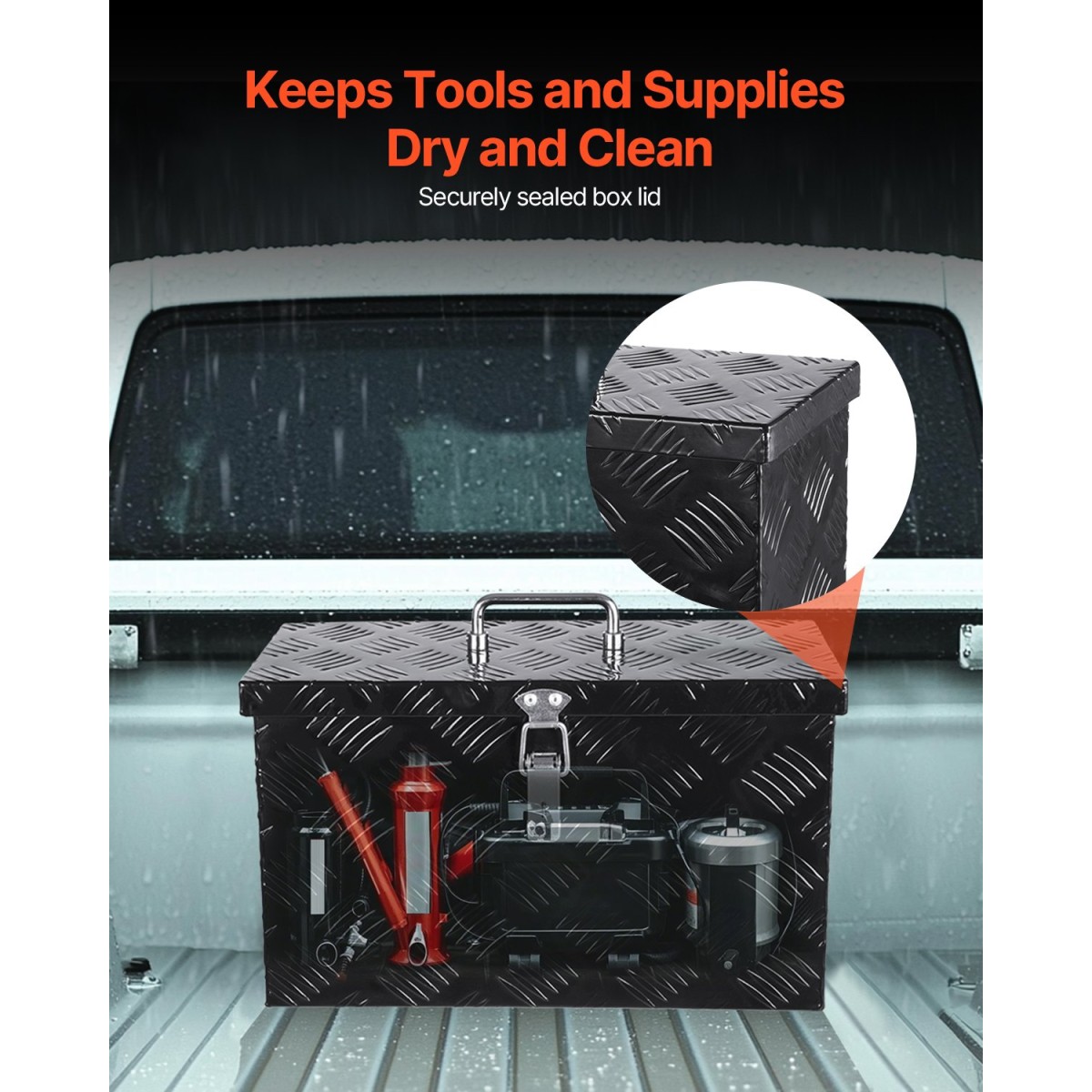 Κουτί εργαλείων κρεβατιού φορτηγού VEVOR Heavy Duty, Εργαλειοθήκη με ρίγες επιμεταλλωμένη με πλαϊνή λαβή και επάνω λαβή, εργαλειοθήκη αποθήκευσης στήθος για τρέιλερ, Pickup, RV, 16"x7.5"x10"(406x190x254mm), Μαύρο