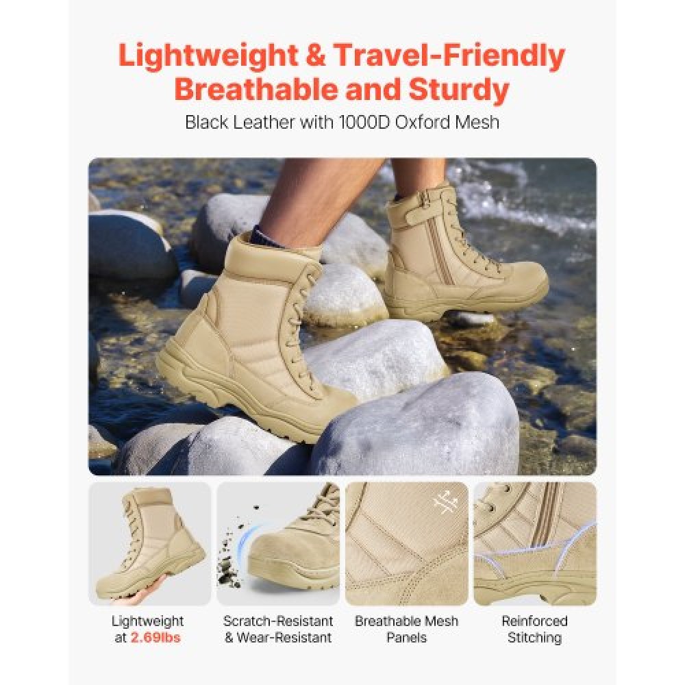 VEVOR Men's Military Tactical Boots 203 mm Sand-color Side Zipper UK Size 9