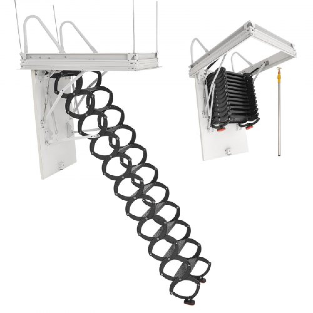 VEVOR Attic Ladder, χωρητικότητα 660LBS/299,4KG, Ταιριάζει σε ύψος οροφής 8,5 έως 9,4 πόδια και μέγεθος ανοίγματος 39,4 x 27,5 ίντσες, αναδιπλούμενη αναδιπλούμενη σκάλα οροφής από κράμα χάλυβα με ράβδο έλξης για οροφή σοφίτας