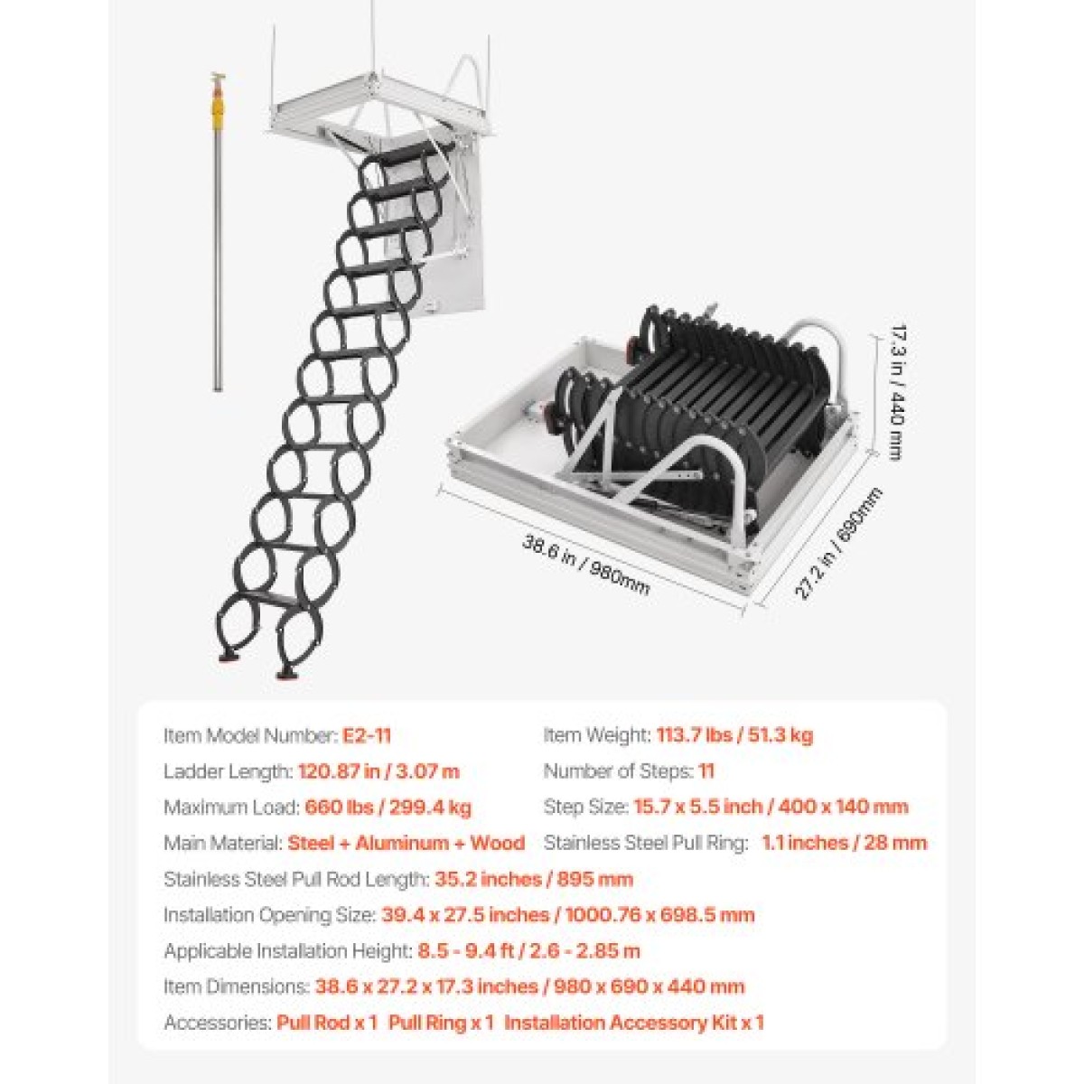 VEVOR Attic Ladder, χωρητικότητα 660LBS/299,4KG, Ταιριάζει σε ύψος οροφής 8,5 έως 9,4 πόδια και μέγεθος ανοίγματος 39,4 x 27,5 ίντσες, αναδιπλούμενη αναδιπλούμενη σκάλα οροφής από κράμα χάλυβα με ράβδο έλξης για οροφή σοφίτας
