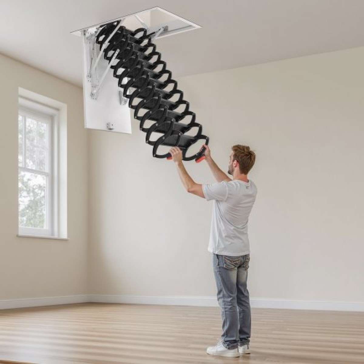 VEVOR Attic Ladder, χωρητικότητα 660LBS/299,4KG, Ταιριάζει σε ύψος οροφής 8,5 έως 9,4 πόδια και μέγεθος ανοίγματος 39,4 x 27,5 ίντσες, αναδιπλούμενη αναδιπλούμενη σκάλα οροφής από κράμα χάλυβα με ράβδο έλξης για οροφή σοφίτας