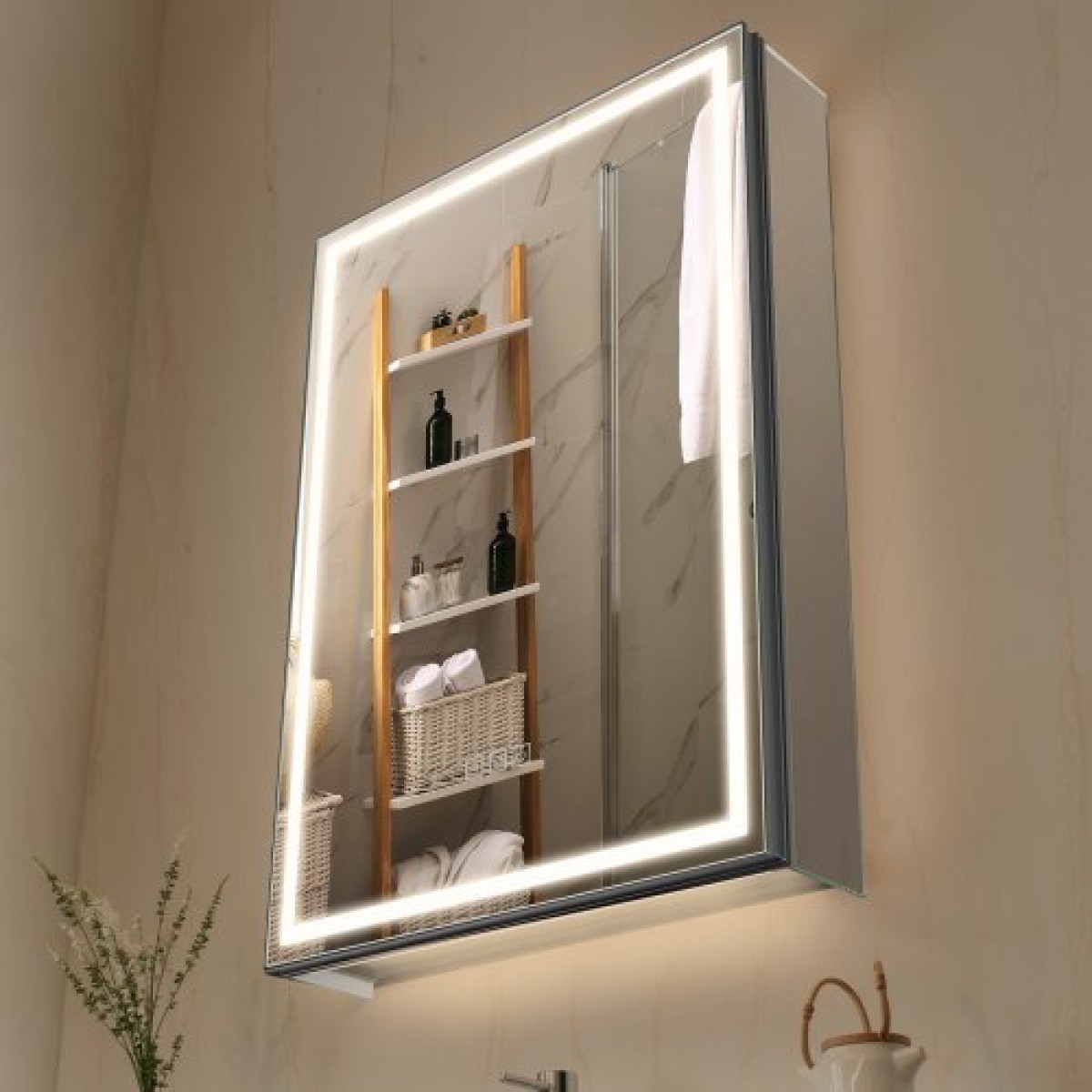 Φωτεινό ντουλάπι φαρμάκου VEVOR με καθρέφτη, 50 x 70 cm σε εσοχή ή βάση τοίχου, 3 έγχρωμη ντουλάπα LED μπάνιου με δυνατότητα ρύθμισης φωτισμού με φωτισμό κάτω, ρυθμιζόμενος χώρος αποθήκευσης ραφιού, Λειτουργία απόφραξης μνήμης