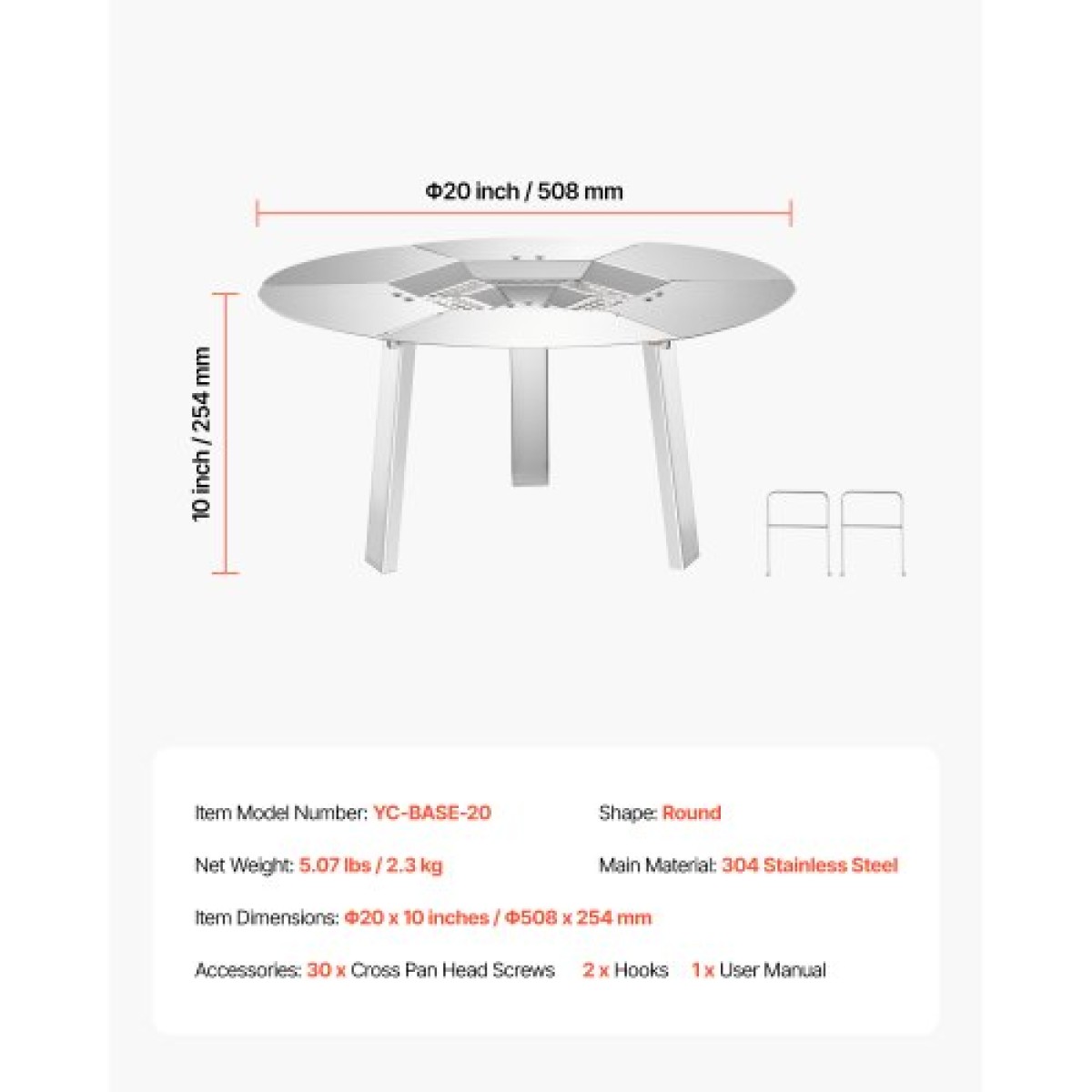 VEVOR Fire Pit Heat Delector for Solo Solo Yukon, 508 mm Bonfire Round for Wood Burning Fire Pit, 304 Ανοξείδωτος διαχύτης θερμότητας, Αποσπώμενο κάλυμμα καυστήρα Αξεσουάρ κάμπινγκ