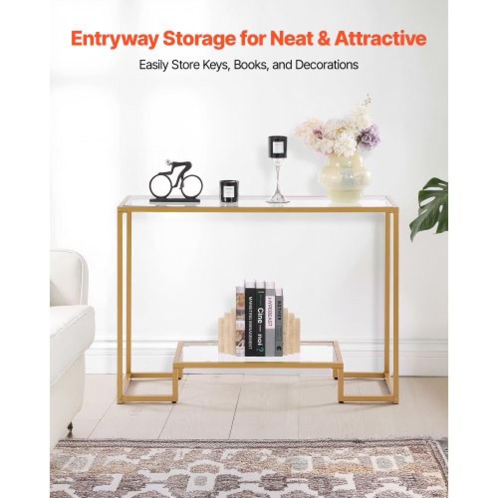 VEVOR 2-Tier Glass Console Table Rectangle Sofa Side Table with Anti-Tip Golden