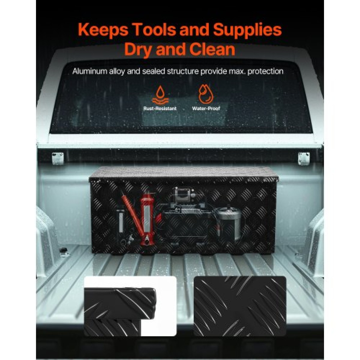 Κουτί εργαλείων κρεβατιού φορτηγού VEVOR Heavy Duty, Εργαλειοθήκη με ρίγες επιμεταλλωμένη με συρόμενο ράφι, πλευρική λαβή, κλειδαριά & κλειδιά, θήκη εργαλείων αποθήκευσης για τρέιλερ, παραλαβή, 35,4"x14,6"x14,6"(899x370x370mm), μαύρο