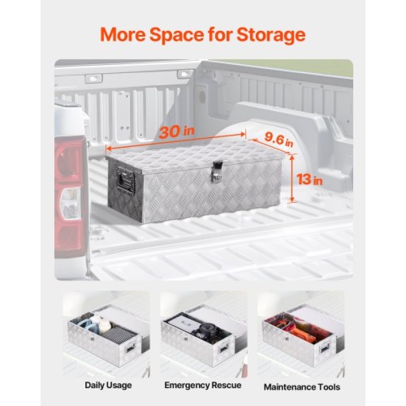 VEVOR 30"x13"x9.6" Heavy Duty Aluminum Truck Bed Tool Box for Pickup RV Silver