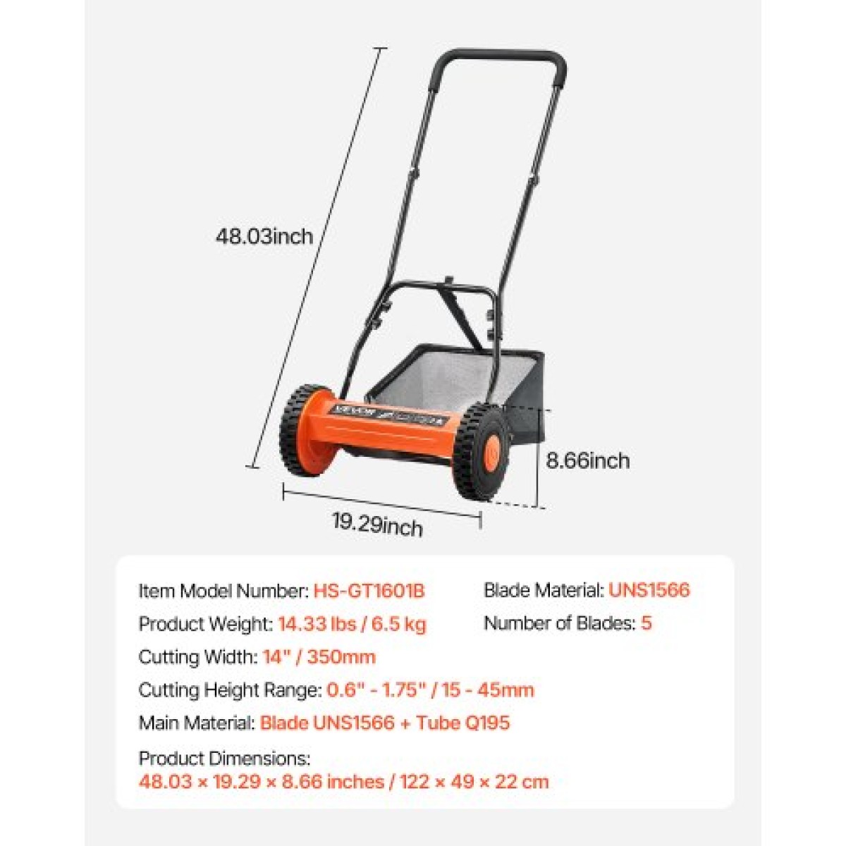 Χλοοκοπτική μηχανή γκαζόν VEVOR Push Reel 35 cm, 5 λεπίδες Χειροκίνητο Push Mower No Motor, 15-45 mm Ρυθμιζόμενο ύψος κοπής, Χλοοκοπτικά Walk-Behind with Grass Catcher Bag για πράσινο γρασίδι, δρόμους, αυλές