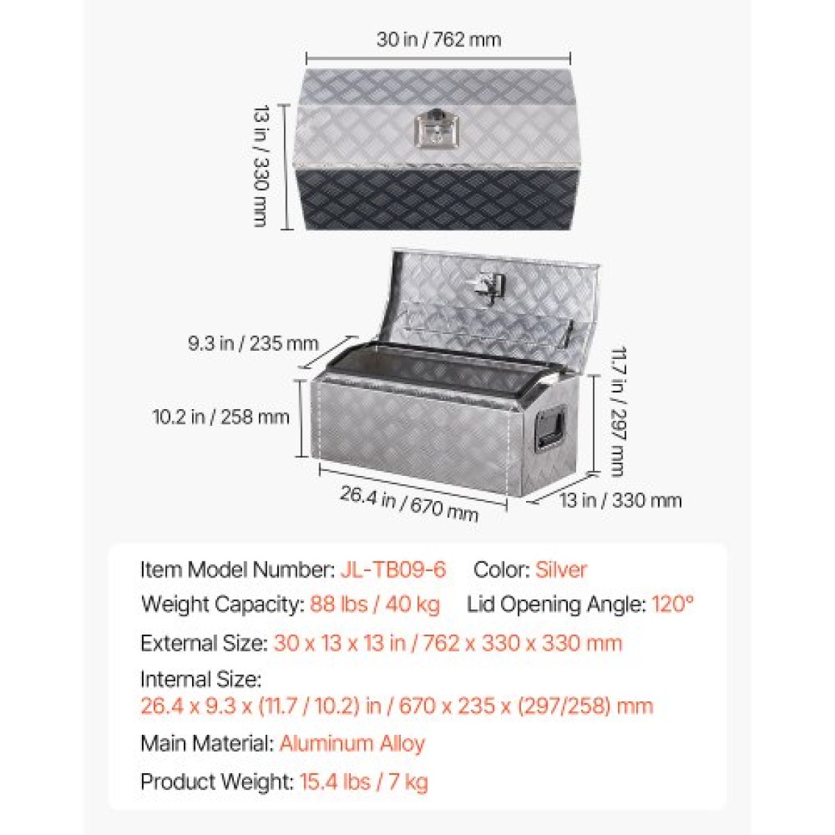 Κιβώτιο εργαλείων κρεβατιού φορτηγού VEVOR Heavy Duty, Εργαλειοθήκη με ρίγες επιμεταλλωμένη με πλαϊνή λαβή και κλειδιά T-lock, Storage Toolbox Chest Organizer για τρέιλερ, Pickup, RV, 30"x13"x13"(762x330.2x330.2mm),