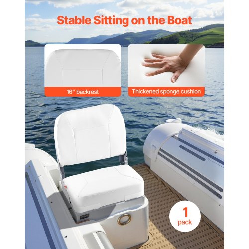 VEVOR Boat Seat Low Backrest Folding Fishing Boat Seat Sponge Cushion White
