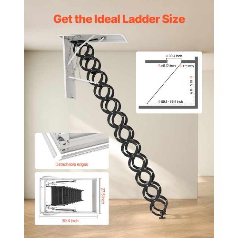 VEVOR Attic Ladder, χωρητικότητα 660LBS/299,4KG, Ταιριάζει σε ύψος οροφής 10,5 έως 11 πόδια και μέγεθος ανοίγματος 39,4 x 27,5 ίντσες, αναδιπλούμενη αναδιπλούμενη σκάλα οροφής από κράμα χάλυβα με ράβδο έλξης για οροφή σοφίτας