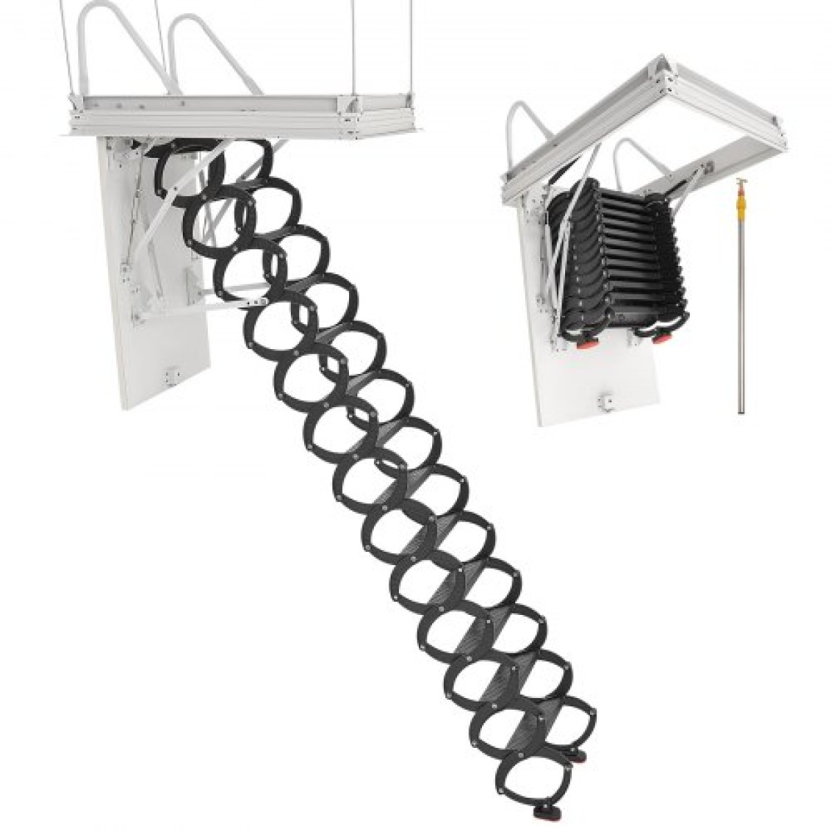 VEVOR Attic Ladder, χωρητικότητα 660LBS/299,4KG, Ταιριάζει σε ύψος οροφής 10,5 έως 11 πόδια και μέγεθος ανοίγματος 39,4 x 27,5 ίντσες, αναδιπλούμενη αναδιπλούμενη σκάλα οροφής από κράμα χάλυβα με ράβδο έλξης για οροφή σοφίτας