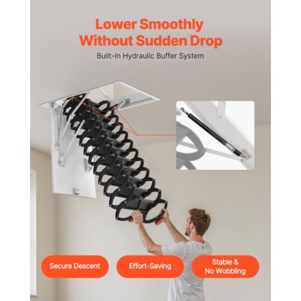 VEVOR Attic Ladder, χωρητικότητα 660LBS/299,4KG, Ταιριάζει σε ύψος οροφής 10,5 έως 11 πόδια και μέγεθος ανοίγματος 39,4 x 27,5 ίντσες, αναδιπλούμενη αναδιπλούμενη σκάλα οροφής από κράμα χάλυβα με ράβδο έλξης για οροφή σοφίτας