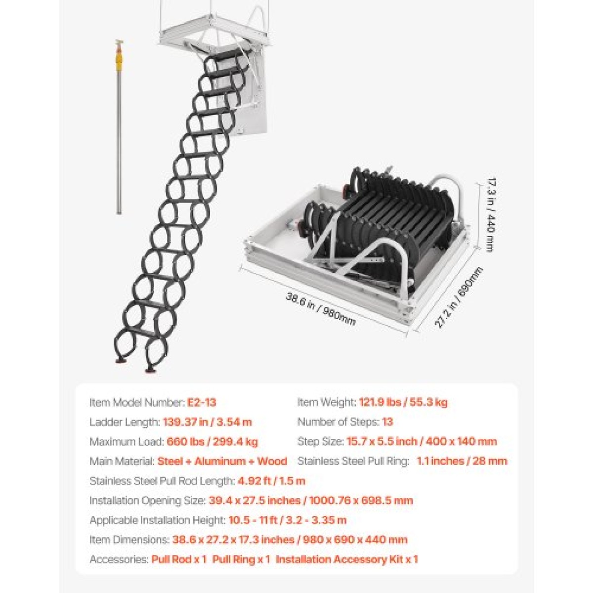 VEVOR Attic Ladder, χωρητικότητα 660LBS/299,4KG, Ταιριάζει σε ύψος οροφής 10,5 έως 11 πόδια και μέγεθος ανοίγματος 39,4 x 27,5 ίντσες, αναδιπλούμενη αναδιπλούμενη σκάλα οροφής από κράμα χάλυβα με ράβδο έλξης για οροφή σοφίτας