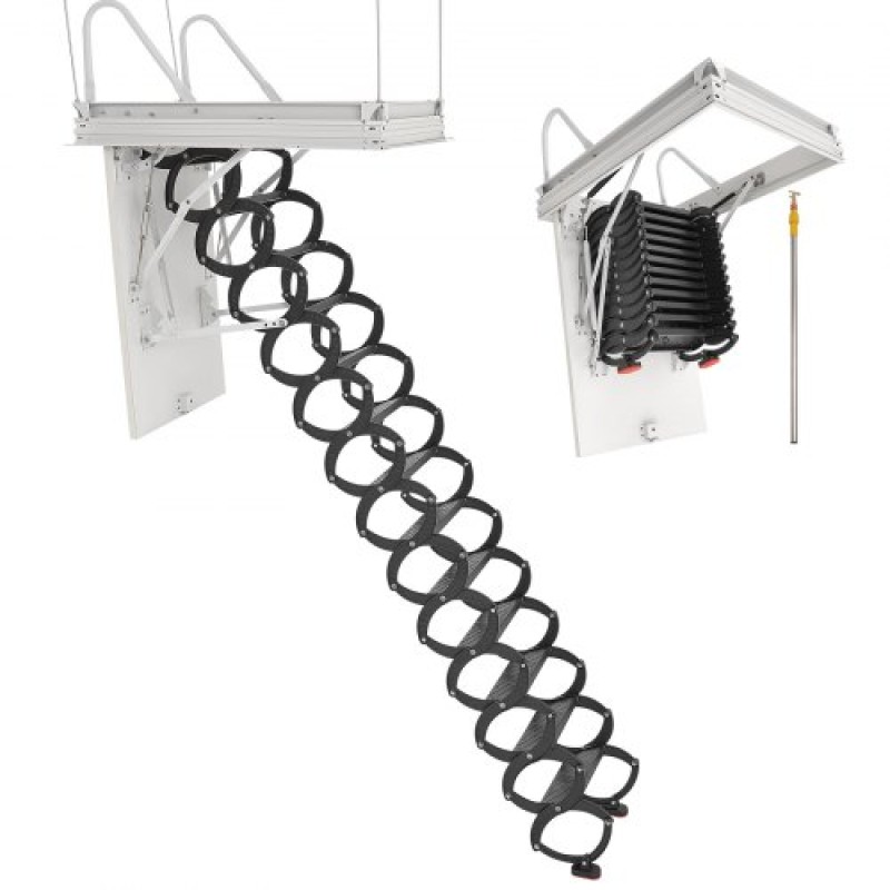 VEVOR Attic Ladder, χωρητικότητα 660LBS/299,4KG, Ταιριάζει σε ύψος οροφής 10,5 έως 11 πόδια και μέγεθος ανοίγματος 39,4 x 27,5 ίντσες, αναδιπλούμενη αναδιπλούμενη σκάλα οροφής από κράμα χάλυβα με ράβδο έλξης για οροφή σοφίτας