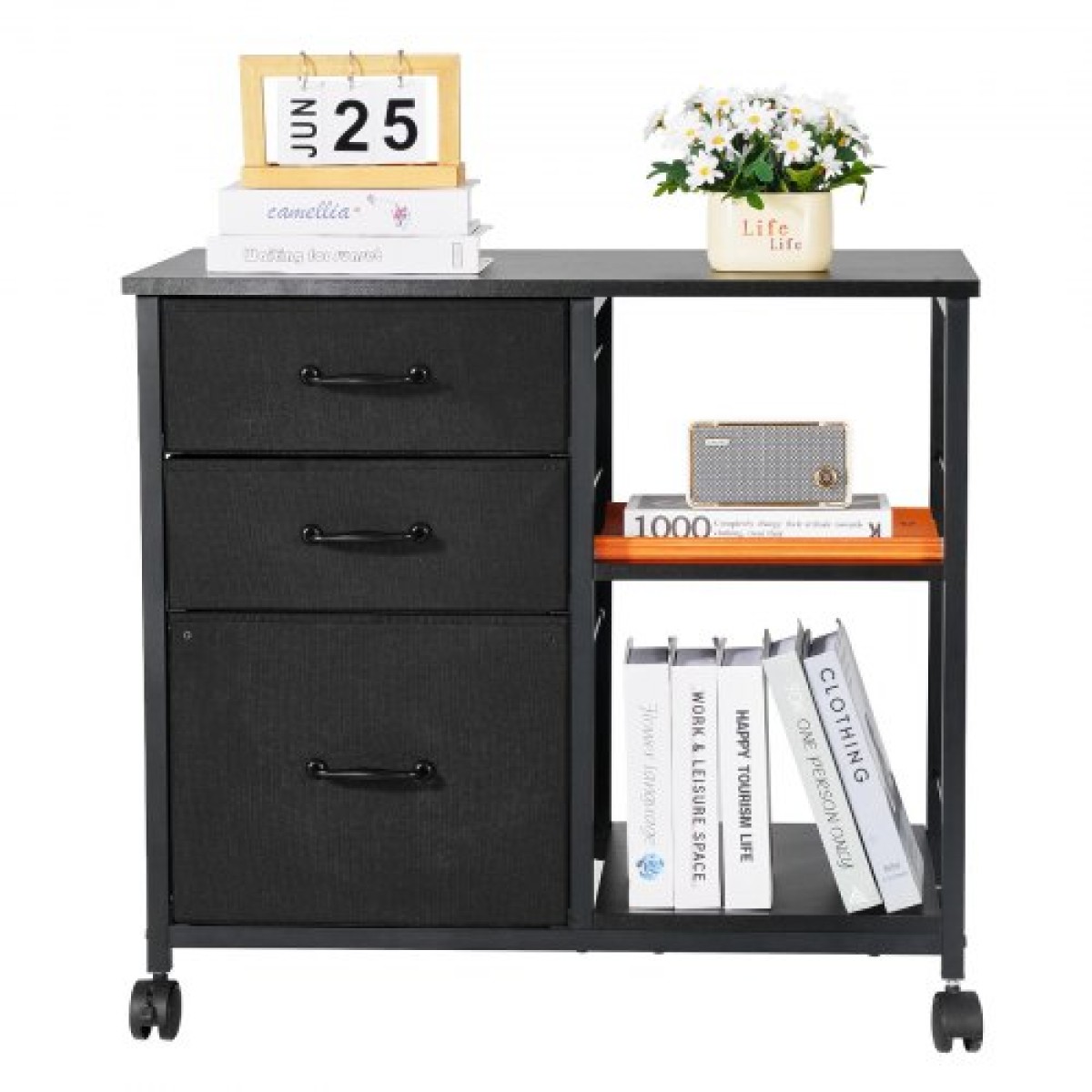 Μεταλλικό ντουλάπι αρχειοθέτησης VEVOR, Κινητό ντουλάπι αρχειοθέτησης με 3 υφασμάτινα συρτάρια και 2 ανοιχτά ράφια, Ξύλινα ντουλάπια αποθήκευσης κάθετης αρχειοθέτησης με ρόδες για Letter, A4, Αρχείο μεγέθους Legal, Εύκολη συναρμολόγηση, Μαύρο