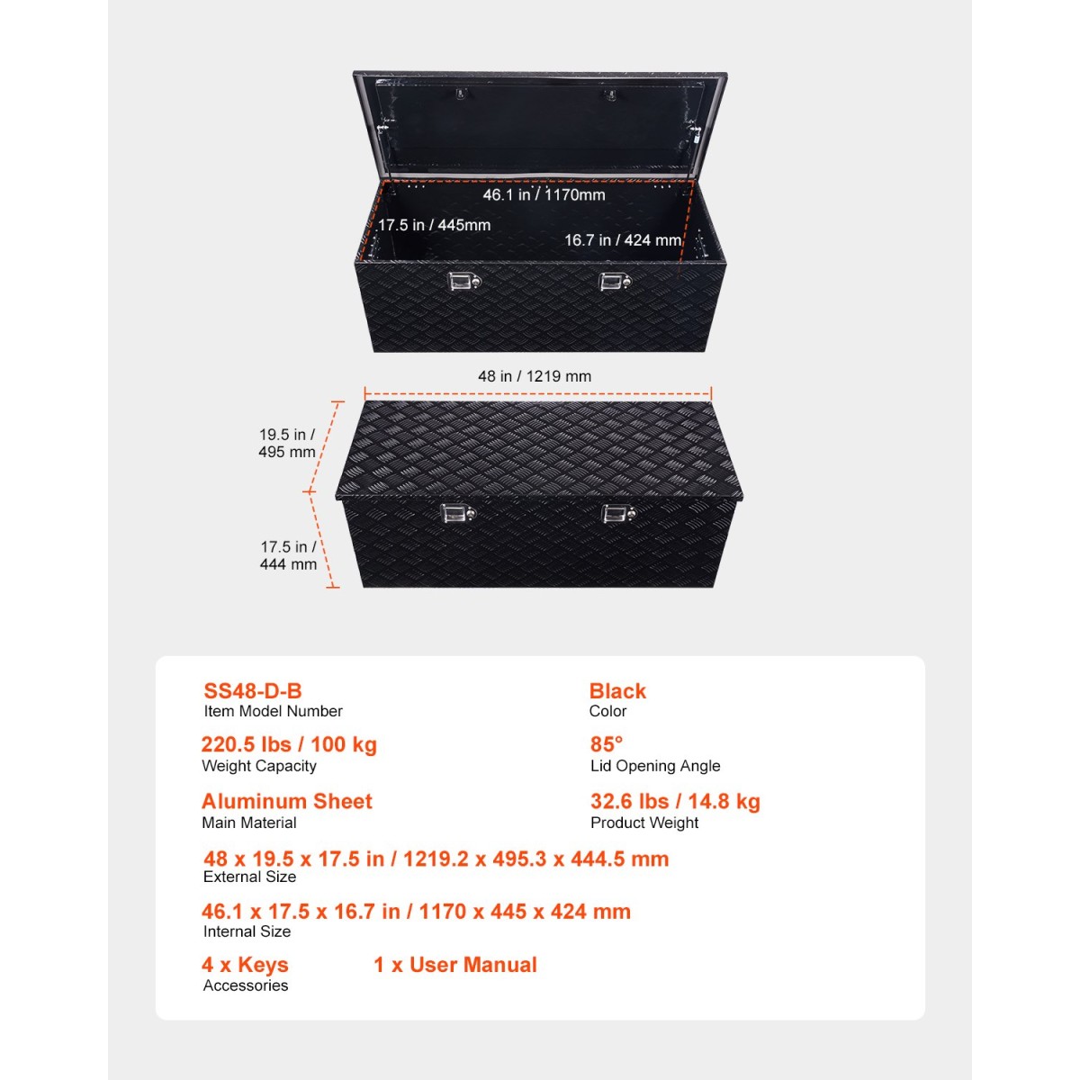 Κουτί εργαλείων κρεβατιού φορτηγού VEVOR Heavy Duty, Εργαλειοθήκη με ρίγες επιμεταλλωμένη με πλαϊνή λαβή και κλειδαριές κλειδιά, θήκη εργαλειοθήκης αποθήκευσης για ρυμουλκούμενο, παραλαβή, 48"x19,5"x17,5"(1219,2x495,3x4, μαύρο)