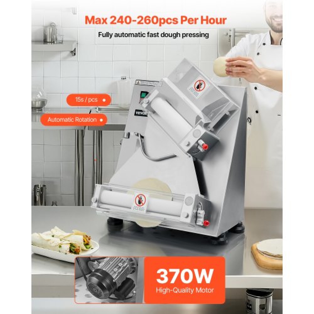Φύλλο με ρολό VEVOR Pizza Dough, Αυτόματη πρέσα πίτσας από ανοξείδωτο χάλυβα 3-14 ιντσών, Εμπορική ηλεκτρική μηχανή παρασκευής ζυμαρικών 370 W, 260 τμχ ανά ώρα, ρυθμιζόμενο πάχος, με καπάκι πρέσας ζύμης