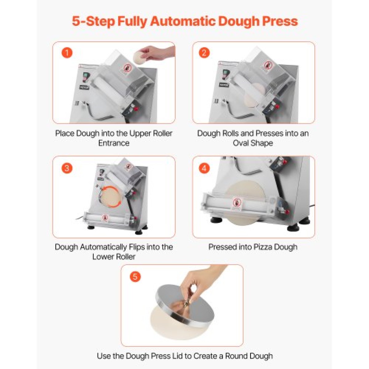Φύλλο με ρολό VEVOR Pizza Dough, Αυτόματη πρέσα πίτσας από ανοξείδωτο χάλυβα 3-14 ιντσών, Εμπορική ηλεκτρική μηχανή παρασκευής ζυμαρικών 370 W, 260 τμχ ανά ώρα, ρυθμιζόμενο πάχος, με καπάκι πρέσας ζύμης