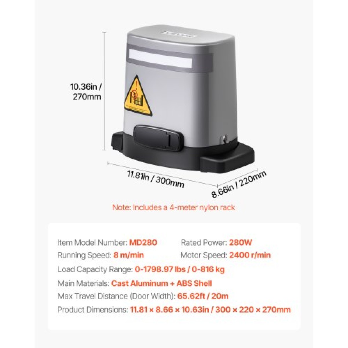 VEVOR Solar Sliding Gate Opener, 280W Electric Gate Opener για πόρτες έως 20m 816kg, Κινητήρας γρανάζι με κυλιόμενο φράχτη πόρτας με αισθητήρα υπέρυθρων & 2 τηλεχειριστήρια, σύστημα ανοίγματος θυρών Driveway